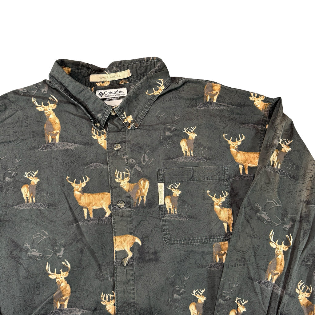 Columbia River Lodge Whitetail Deer Topo Map Button Up Shirt Charcoal Mens XL