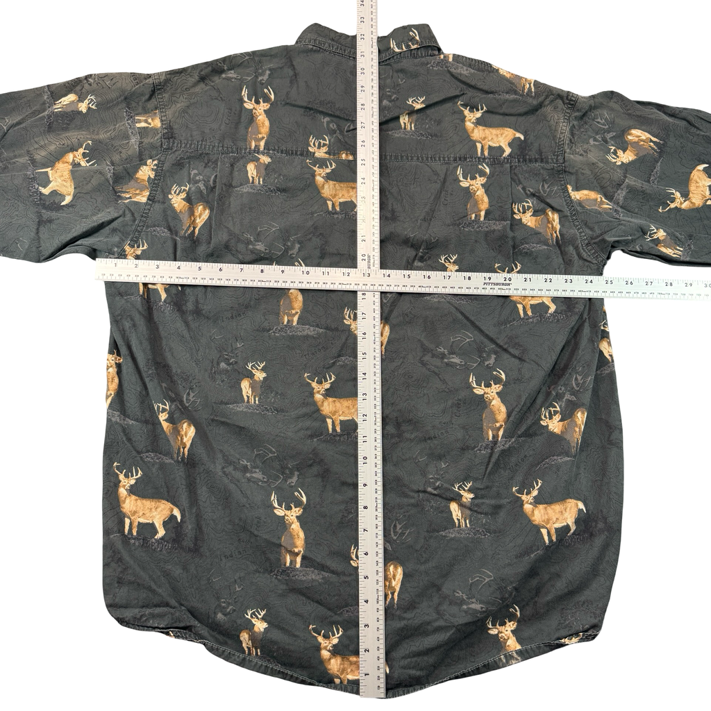 Columbia River Lodge Whitetail Deer Topo Map Button Up Shirt Charcoal Mens XL