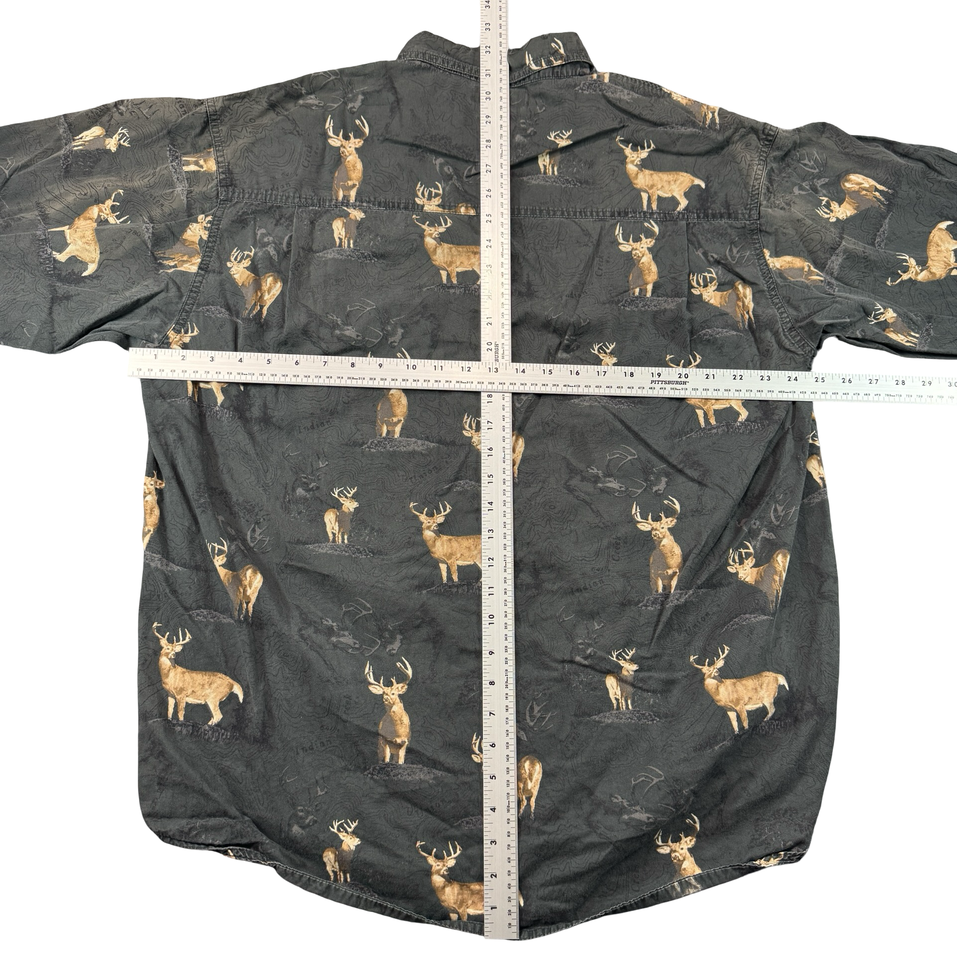 Columbia River Lodge Whitetail Deer Topo Map Button Up Shirt Charcoal Mens XL