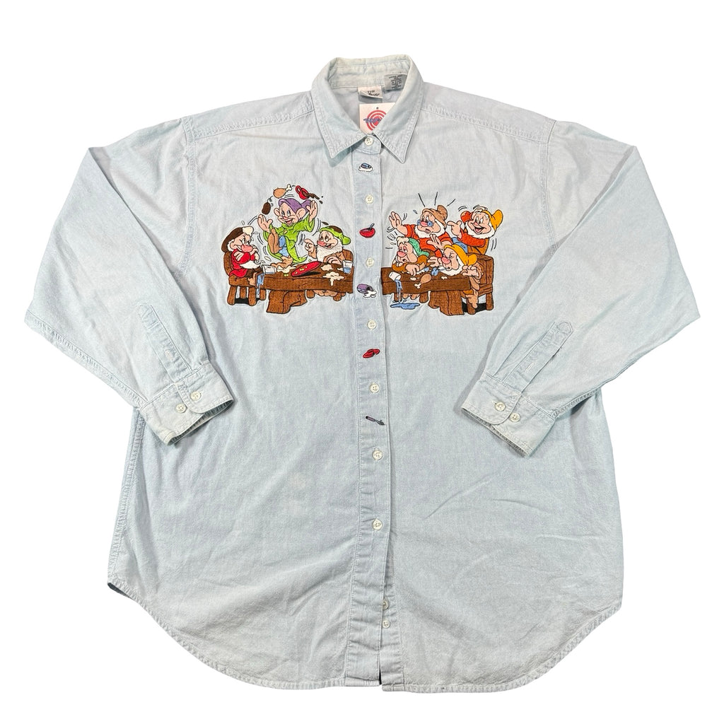 Vintage Disney Store Seven Dwarfs Embroidered Chambray Shirt Blue Mens XL