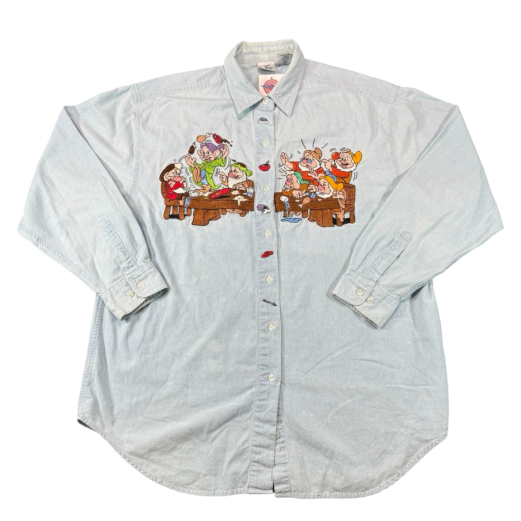 Vintage Disney Store Seven Dwarfs Embroidered Chambray Shirt Blue Mens XL