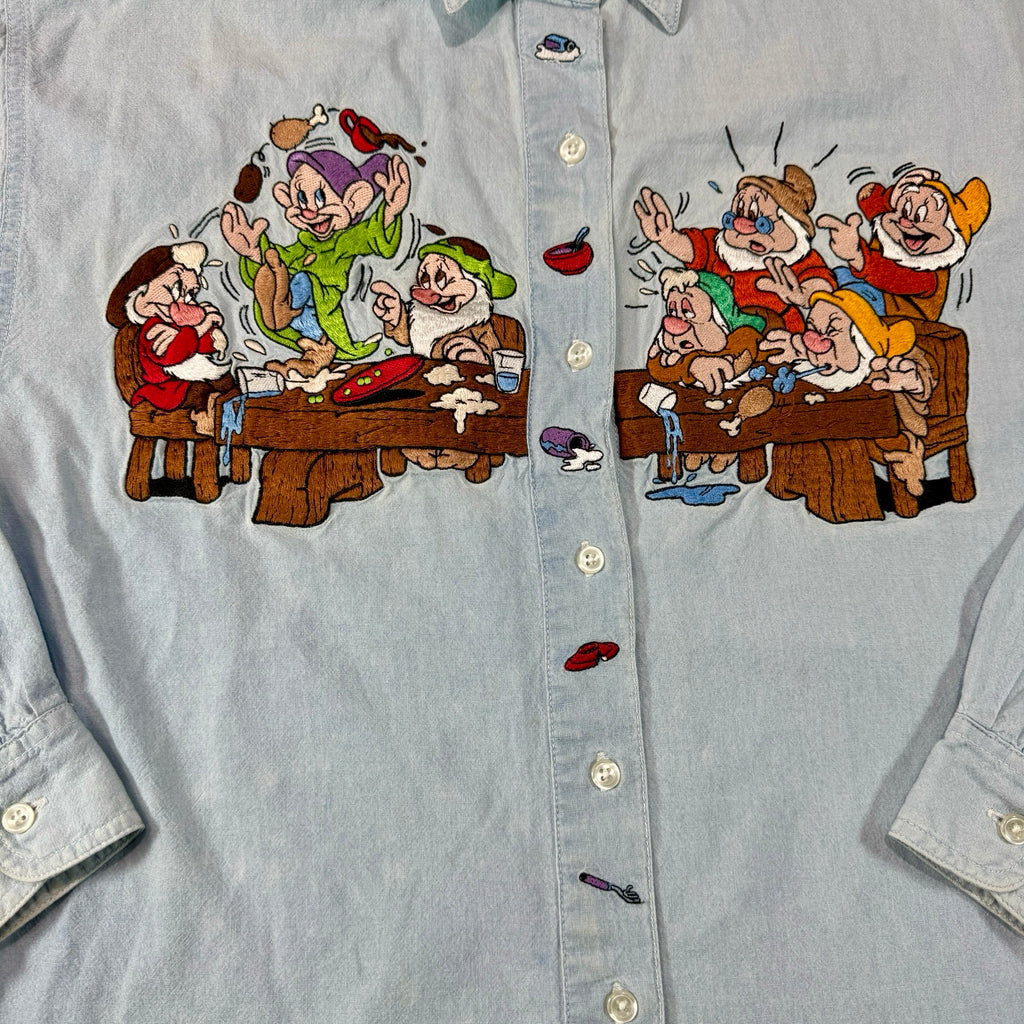 Vintage Disney Store Seven Dwarfs Embroidered Chambray Shirt Blue Mens XL