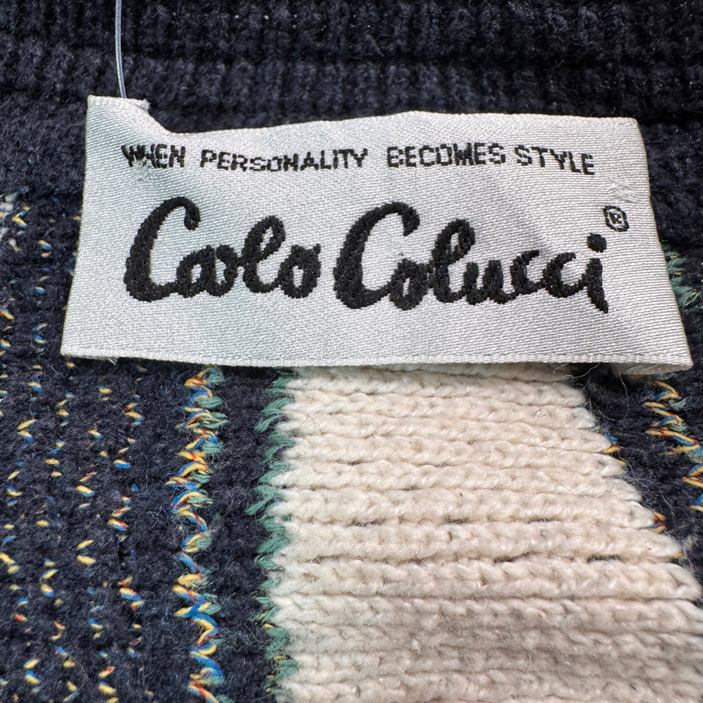 Vintage Carlo Colucci Abstract 3D Knit Cardigan Sweater Black Cream Mens L