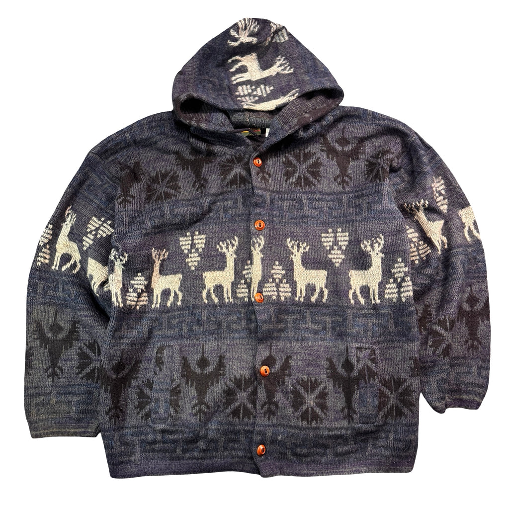 Vintage Ruminahui Ecuador Hand Knit Wool Deer Hooded Cardigan Navy Mens XL