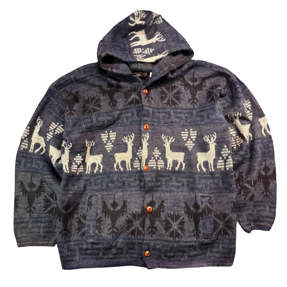 Vintage Ruminahui Ecuador Hand Knit Wool Deer Hooded Cardigan Navy Mens XL