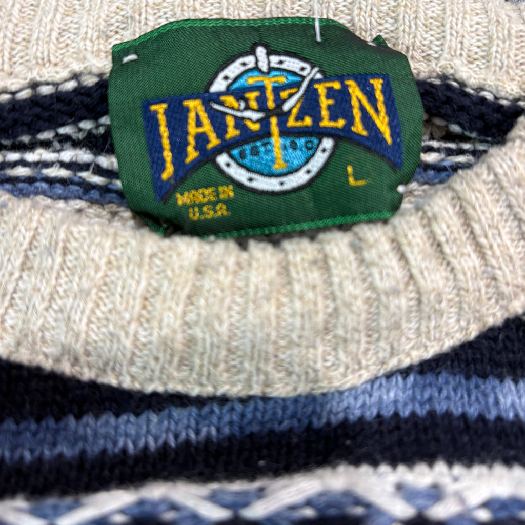 Vintage Jantzen Coogi Style Textured Knit Crewneck Sweater Cream Navy Mens L