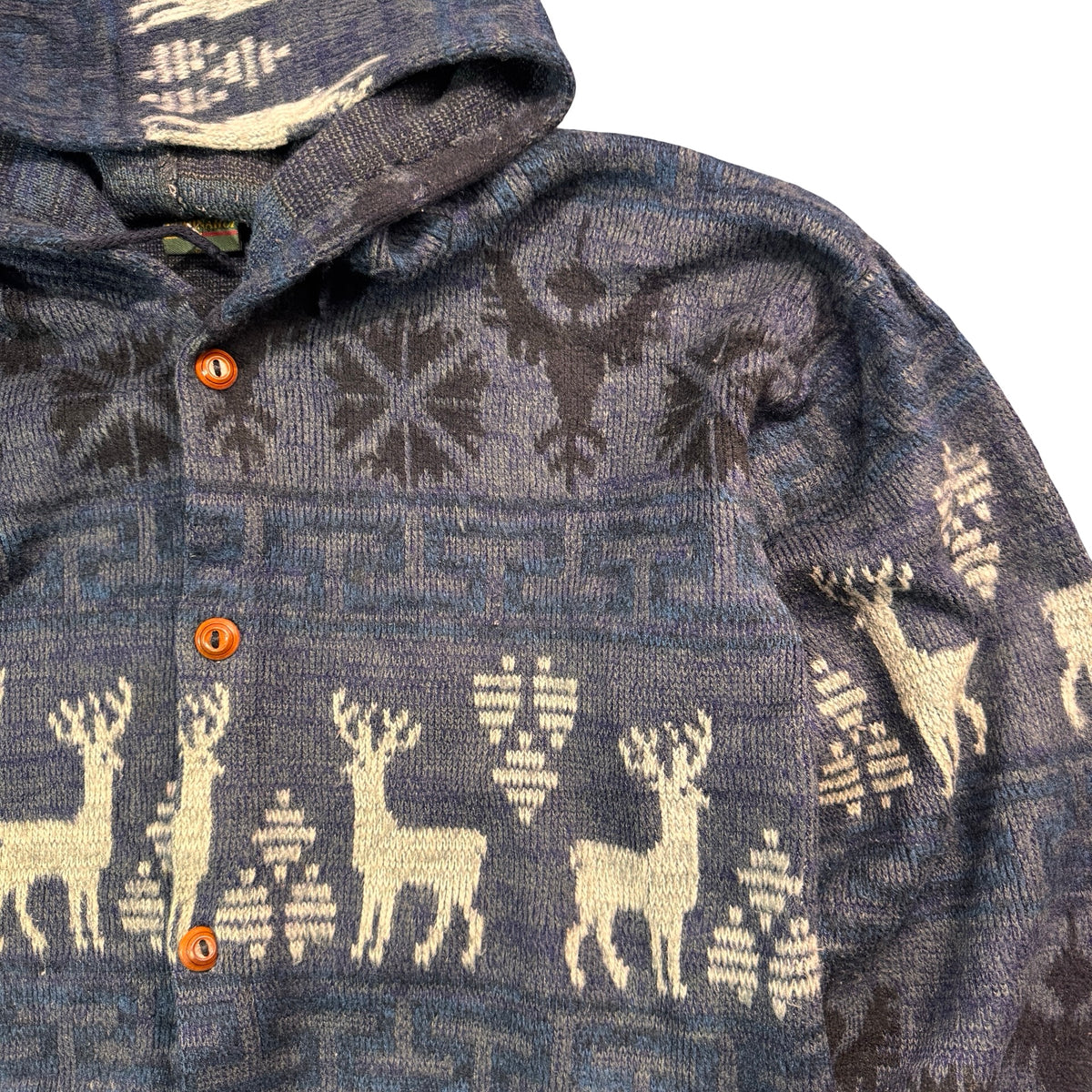 Vintage Ruminahui Ecuador Hand Knit Wool Deer Hooded Cardigan Navy Mens XL