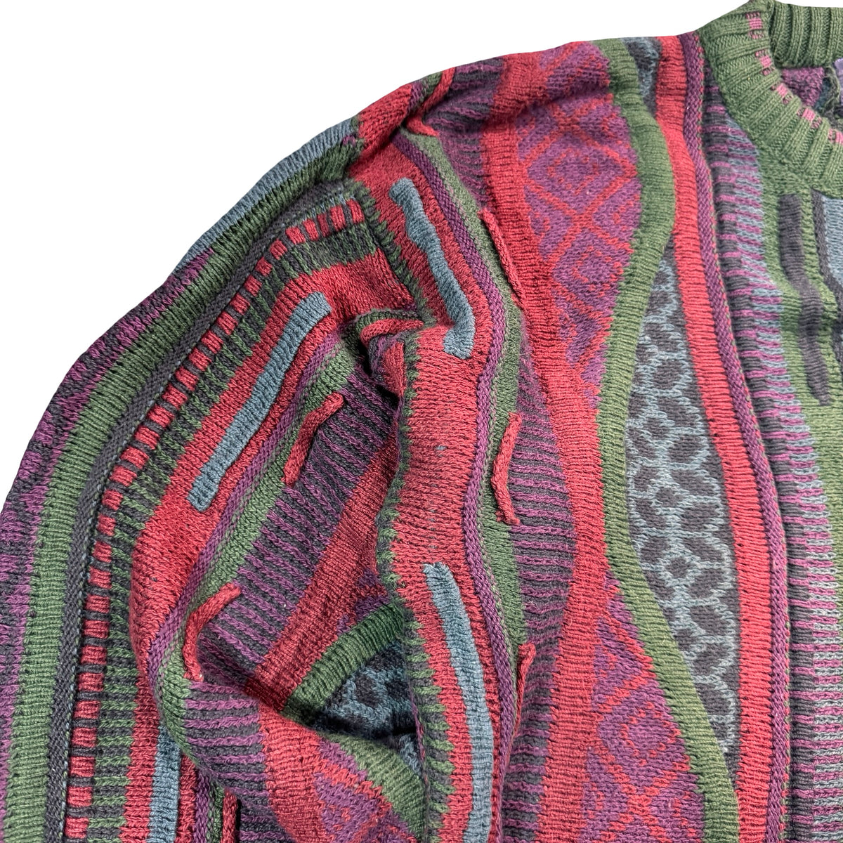 Vintage Old Glory Coogi Style Textured Cotton Knit Sweater Green Burgundy Mens L