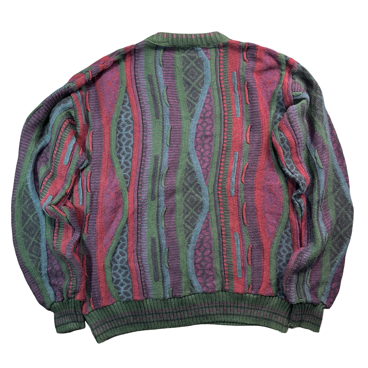 Vintage Old Glory Coogi Style Textured Cotton Knit Sweater Green Burgundy Mens L