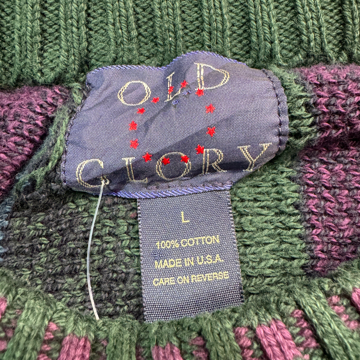 Vintage Old Glory Coogi Style Textured Cotton Knit Sweater Green Burgundy Mens L