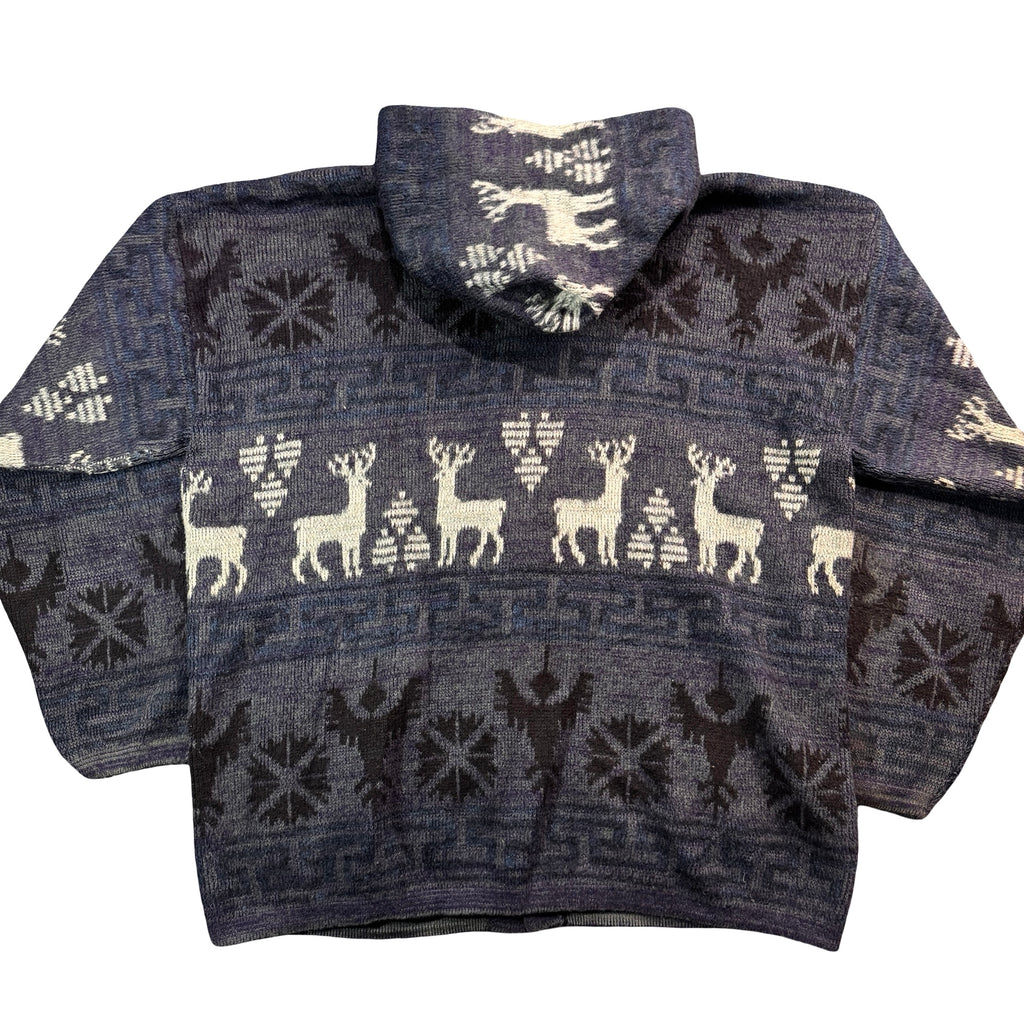 Vintage Ruminahui Ecuador Hand Knit Wool Deer Hooded Cardigan Navy Mens XL
