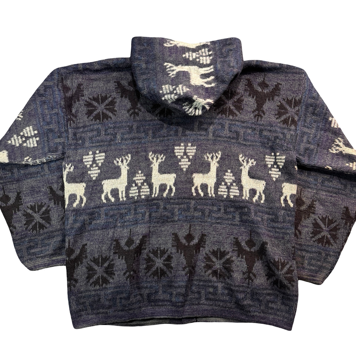 Vintage Ruminahui Ecuador Hand Knit Wool Deer Hooded Cardigan Navy Mens XL
