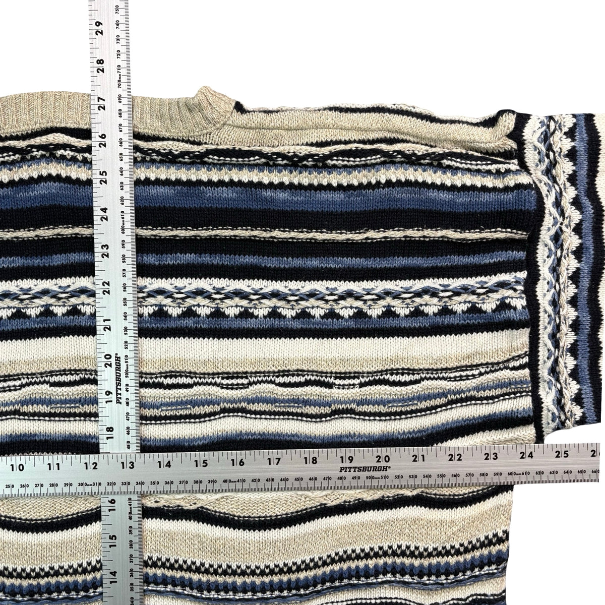 Vintage Jantzen Coogi Style Textured Knit Crewneck Sweater Cream Navy Mens L