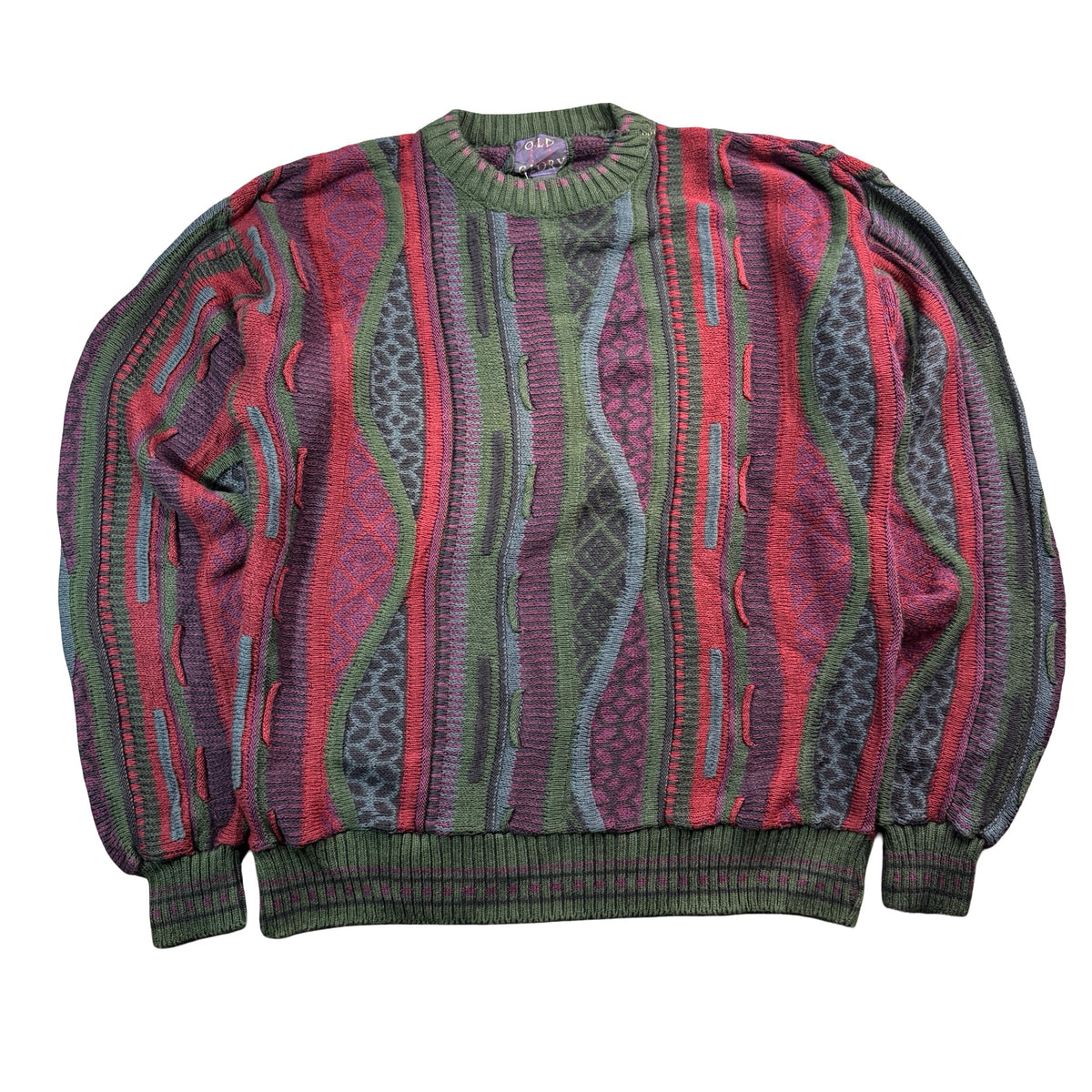 Vintage Old Glory Coogi Style Textured Cotton Knit Sweater Green Burgundy Mens L