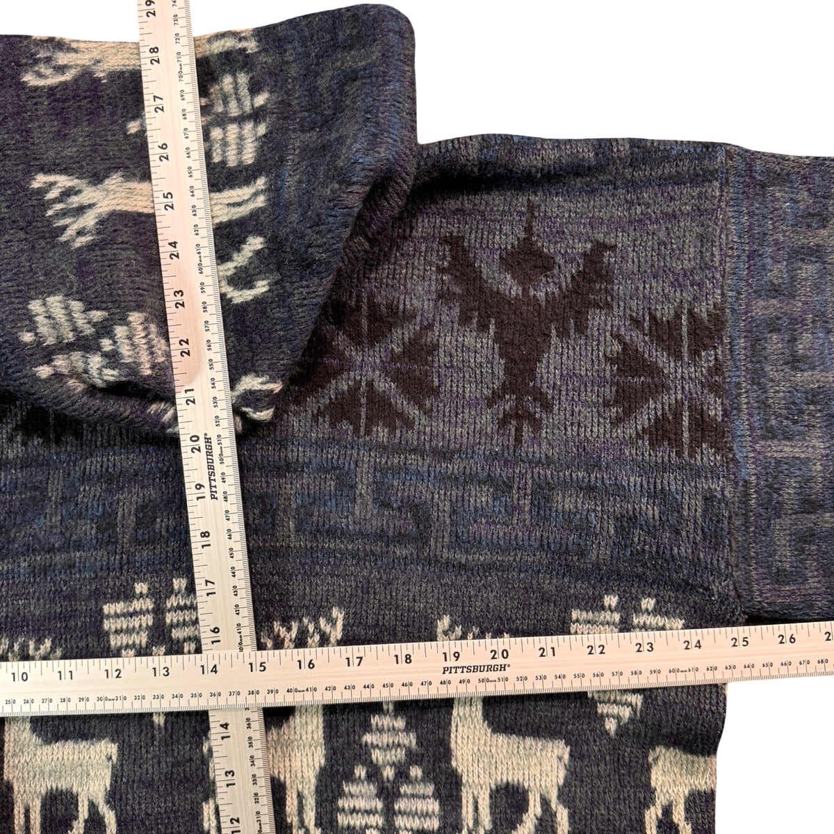 Vintage Ruminahui Ecuador Hand Knit Wool Deer Hooded Cardigan Navy Mens XL