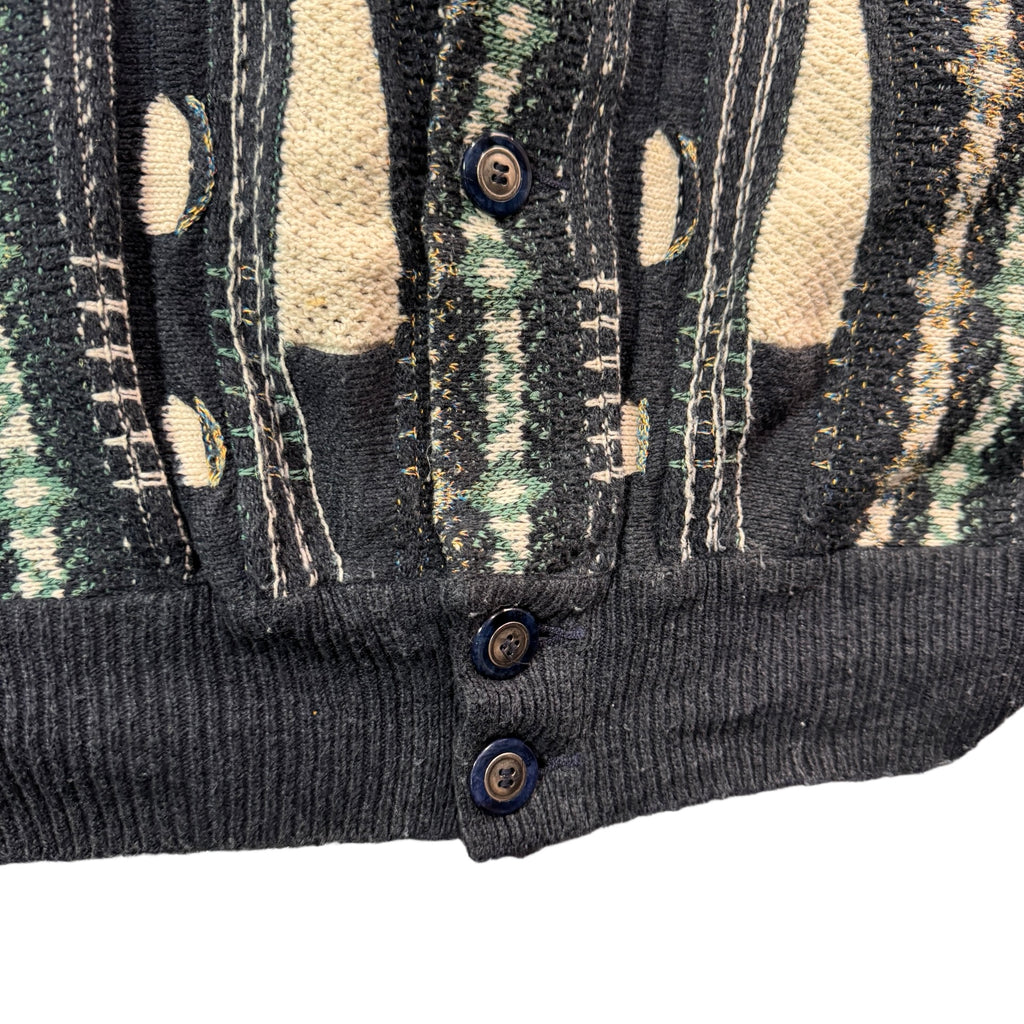 Vintage Carlo Colucci Abstract 3D Knit Cardigan Sweater Black Cream Mens L