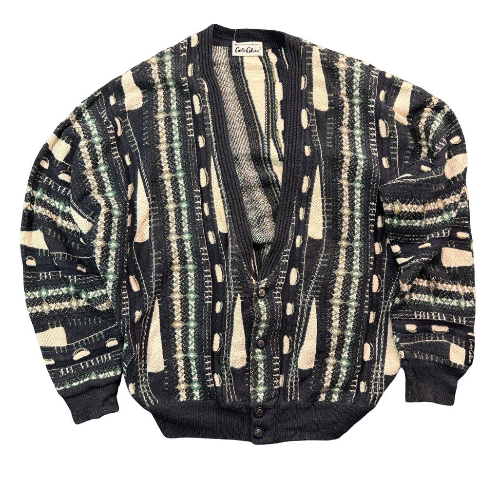 Vintage Carlo Colucci Abstract 3D Knit Cardigan Sweater Black Cream Mens L