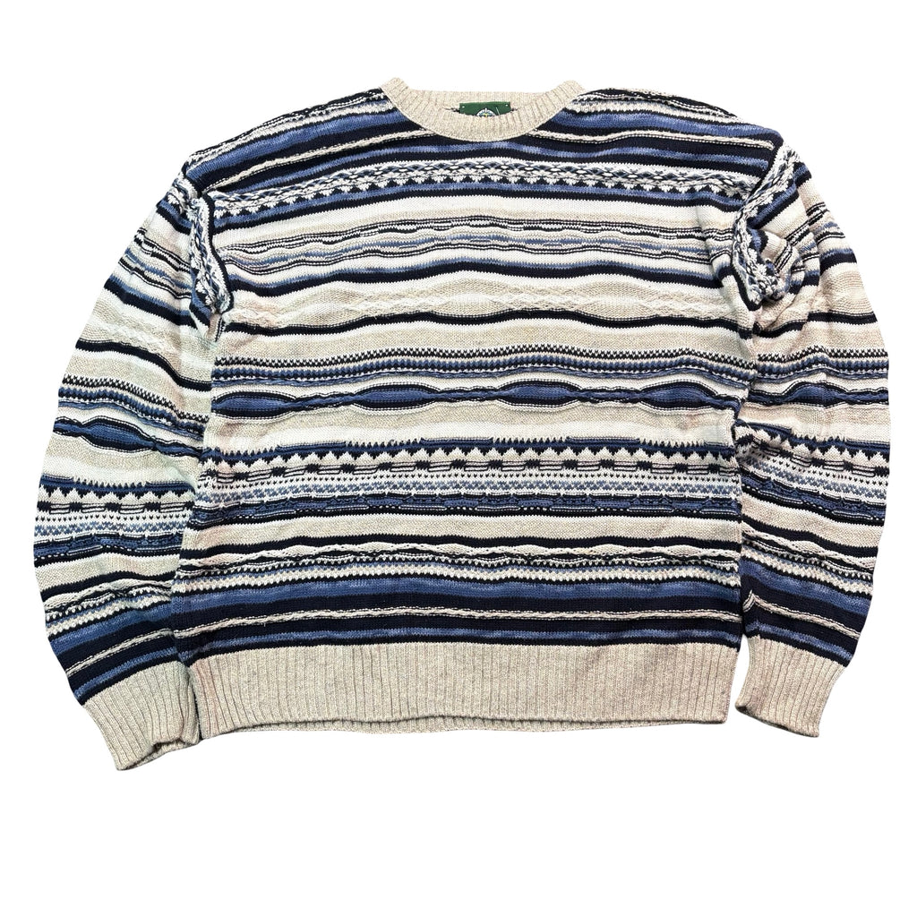 Vintage Jantzen Coogi Style Textured Knit Crewneck Sweater Cream Navy Mens L