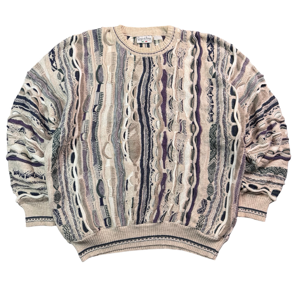 Vintage Giorgio di Firenze Coogi Style Textured Knit Sweater Cream Navy Mens L