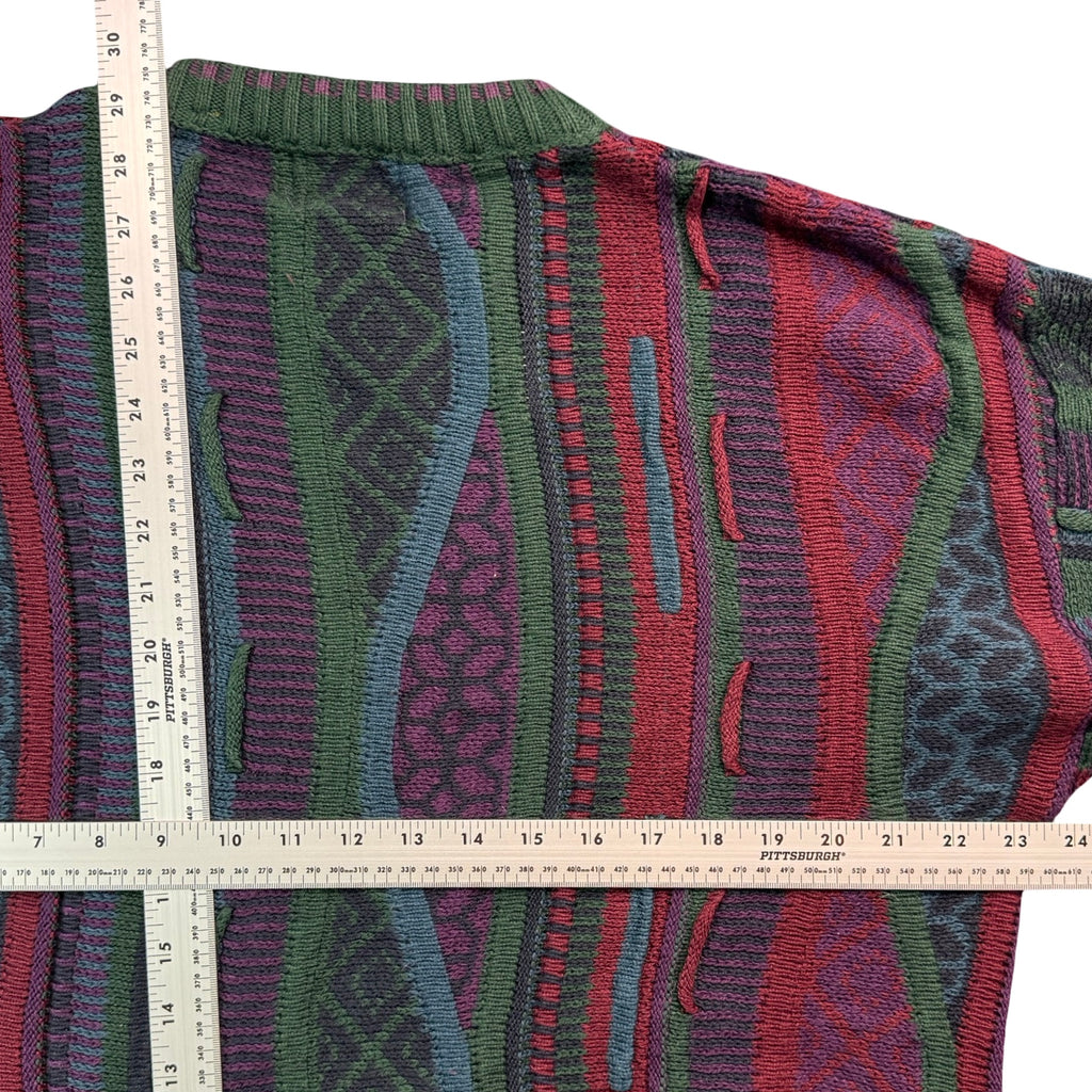 Vintage Old Glory Coogi Style Textured Cotton Knit Sweater Green Burgundy Mens L