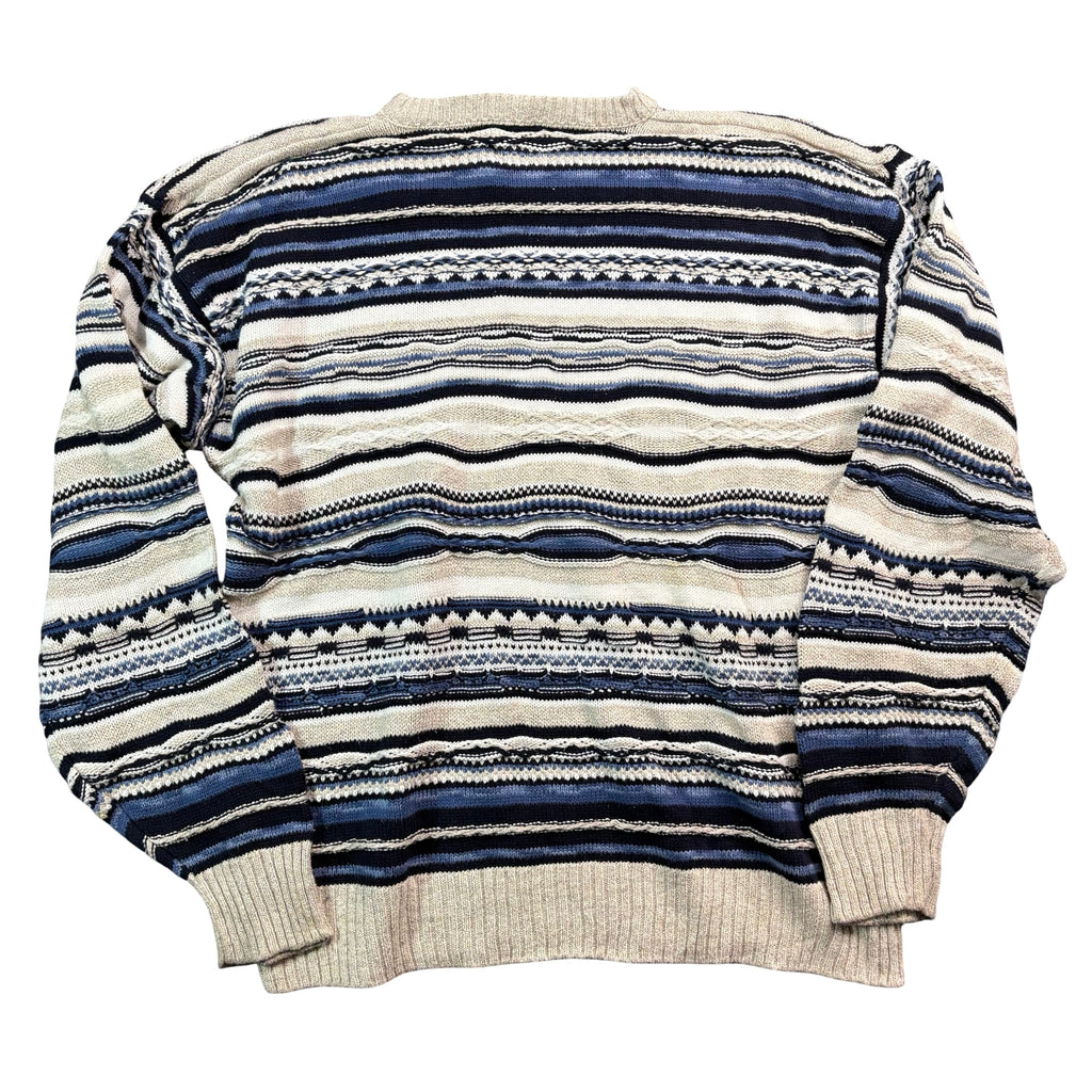 Vintage Jantzen Coogi Style Textured Knit Crewneck Sweater Cream Navy Mens L