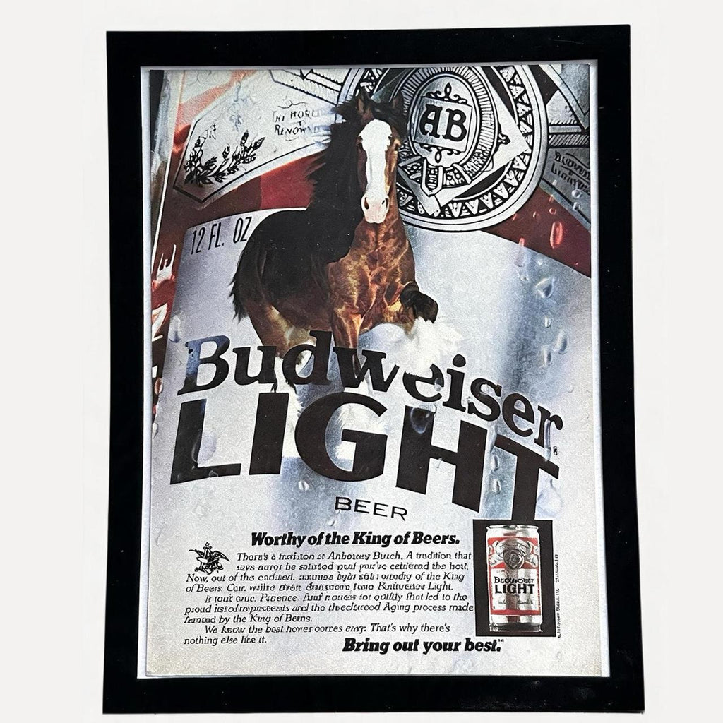 Vintage 1982 Budweiser Light Clydesdale Ad "Worthy of the King of Beers." with Frame