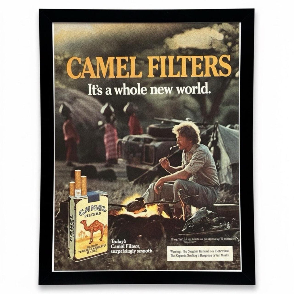 Vintage 1985 Camel Filters Rugged Camper Ad with Frame