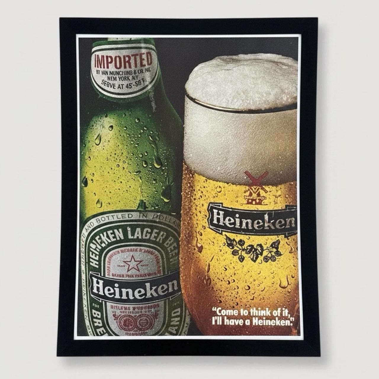 Vintage 1980s Heineken Lager Ad – Framed Beer Advertisement (Damage-Free Frame)