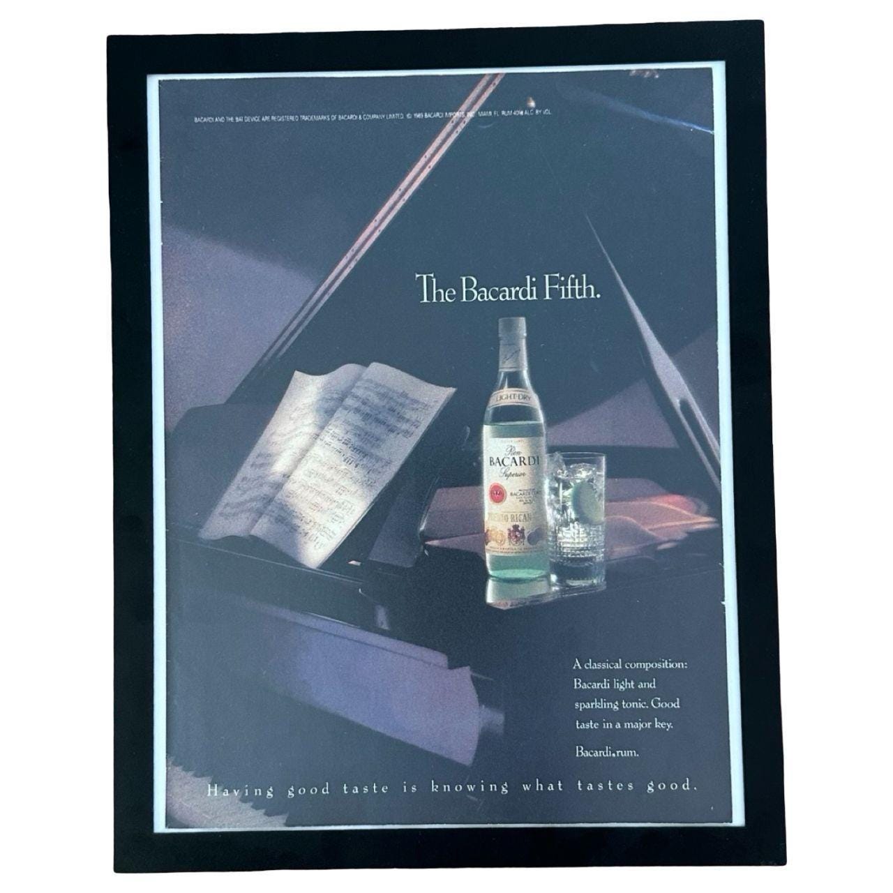 1989 Bacardi The Bacardi Fifth Grand Piano Vintage Rum Ad