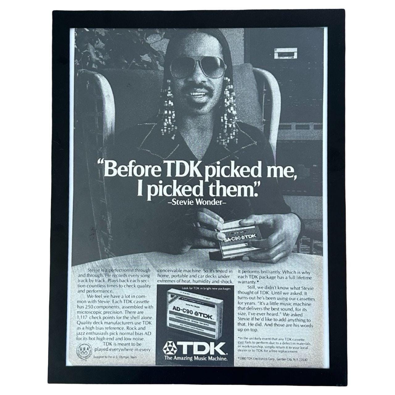 1980 TDK Cassette Tapes Stevie Wonder Endorsement Vintage Ad with Frame