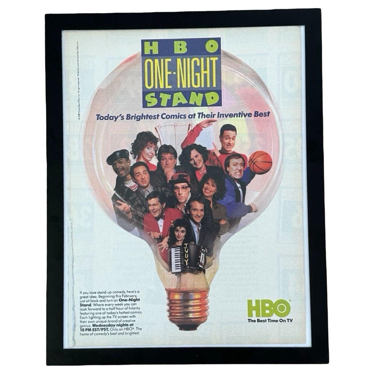 1989 HBO One-Night Stand Stand-Up Comedy Show Vintage Magazine Ad with Frame