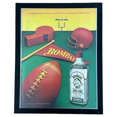 1985 Bombay Dry Gin "Play to Win" Football-Themed Vintage Magazine Ad with Frame