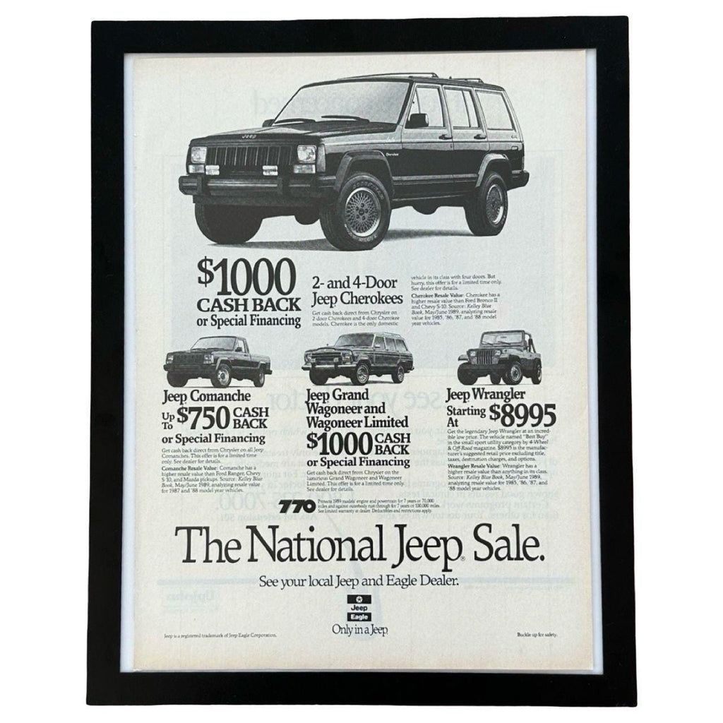 Vintage 1989 National Jeep Magazine Ad with Frame: Cherokee, Wrangler, Wagoneer