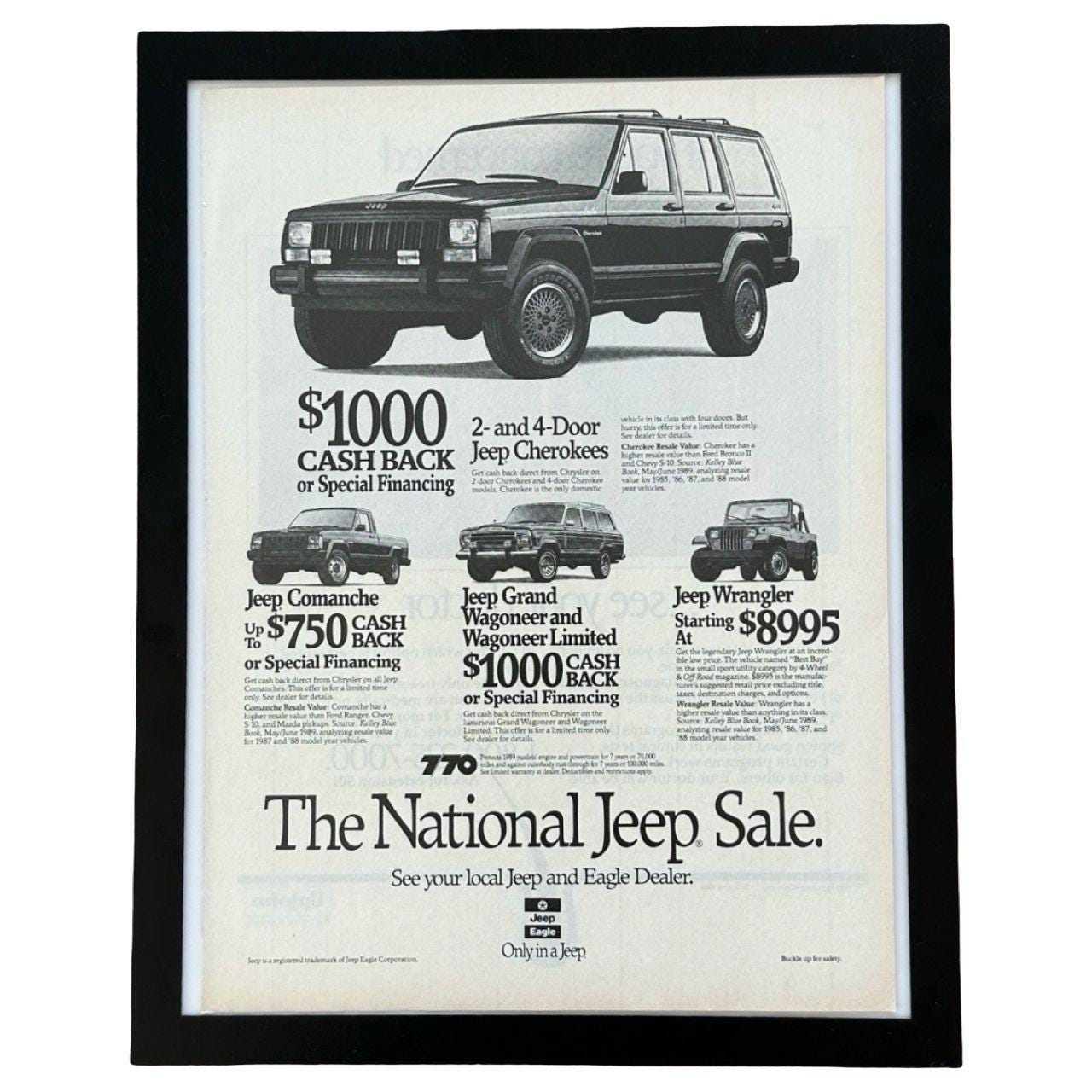 Vintage 1989 National Jeep Magazine Ad with Frame: Cherokee, Wrangler, Wagoneer
