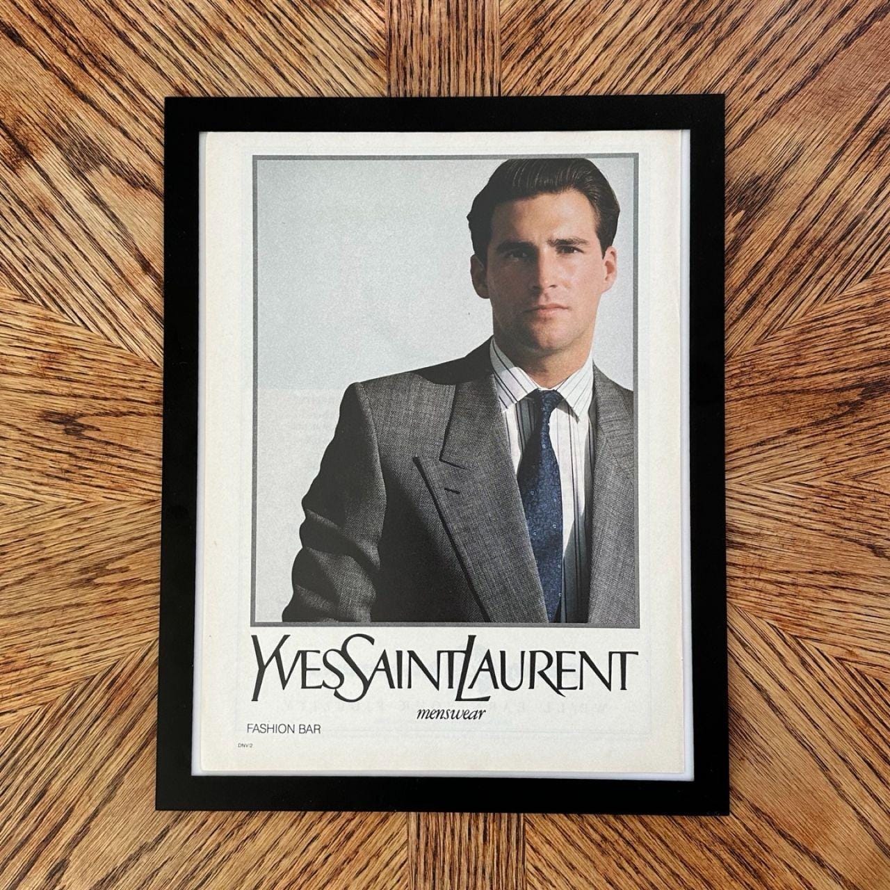 1989 Yves Saint Laurent Menswear Fashion Bar Vintage Magazine Ad with Frame