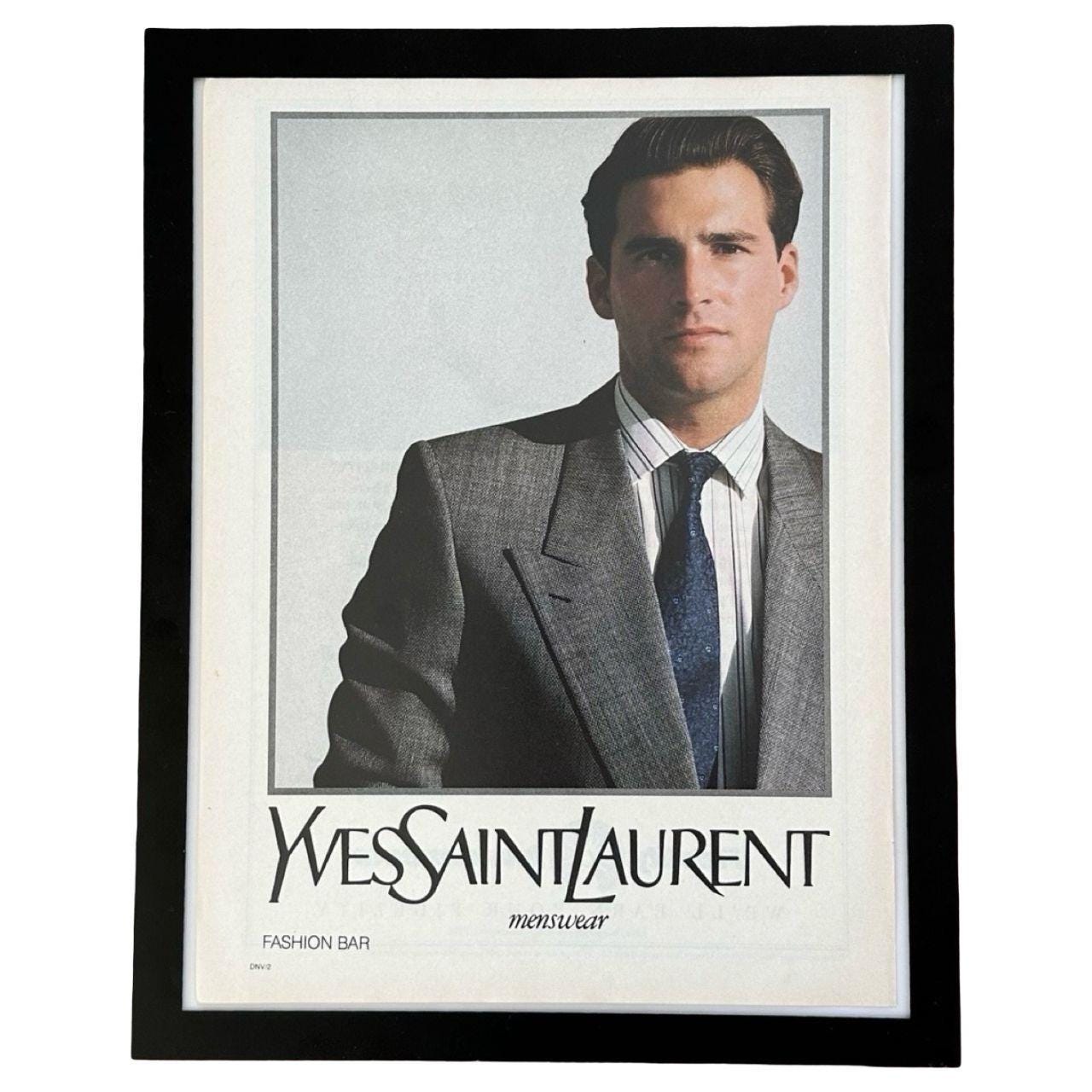 1989 Yves Saint Laurent Menswear Fashion Bar Vintage Magazine Ad with Frame