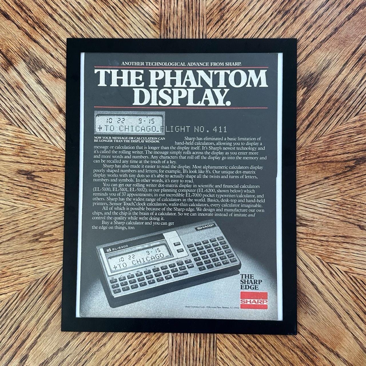 1980 Sharp Phantom Display EL-6200 Calculator Vintage Tech Magazine Ad with Frame
