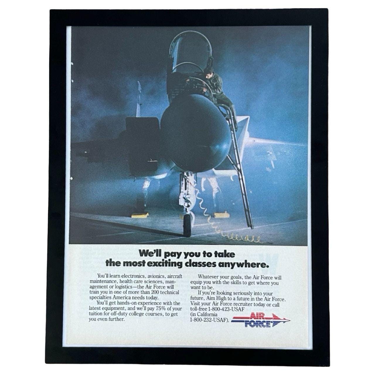 1980's US Air Force "Most Exciting Classes" Fighter Jet Recruitment Vintage Magazine Ad with Frame