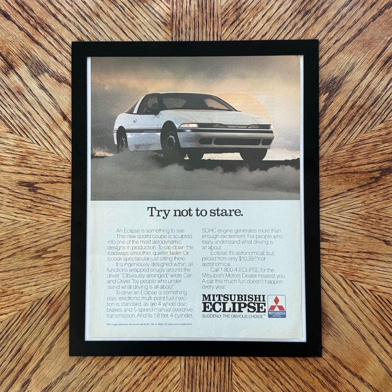 1980's Mitsubishi Eclipse "Try Not to Stare" Launch Magazine Ad with Frame