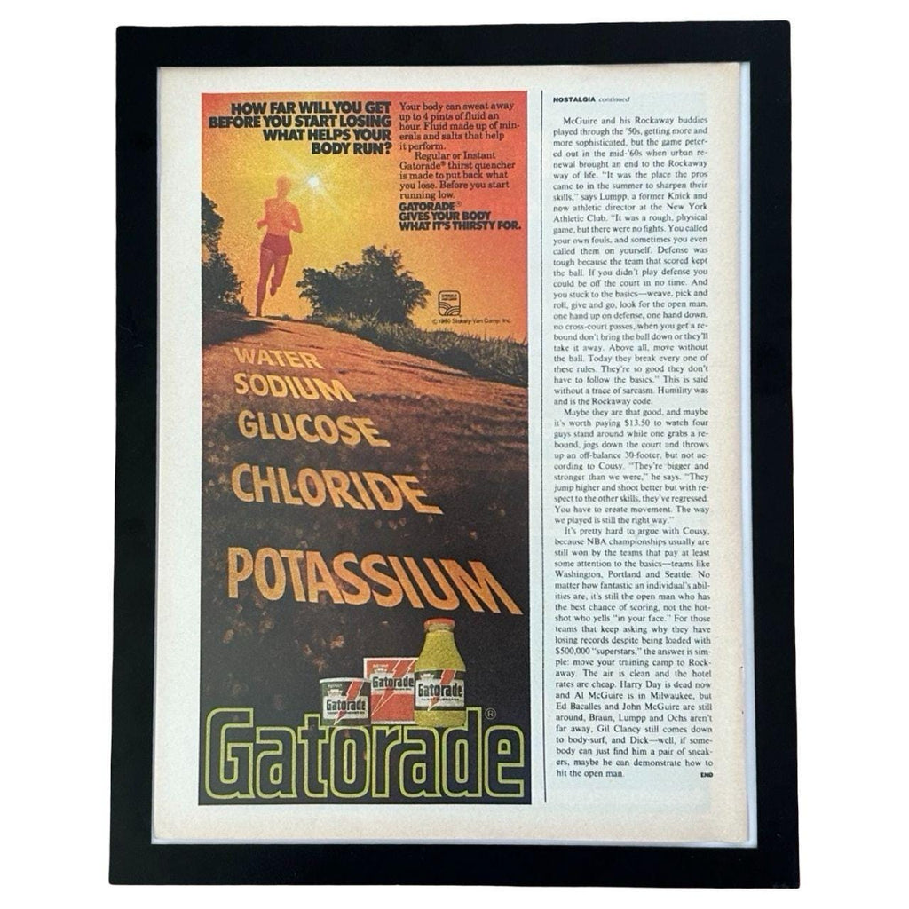 1980 Gatorade "What Your Body Runs On" Vintage Sports Drink Magazine Ad with Frame