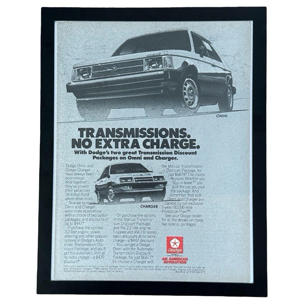 1980's Dodge Omni and Charger "Transmissions. No Extra Charge" Vintage Magazine Ad with Frame