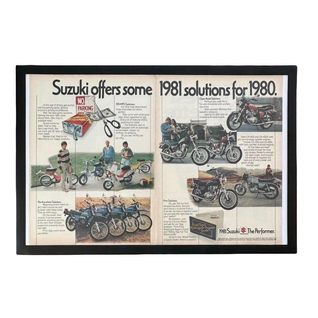 Vintage 1980 Suzuki The Performer Motorcyle Double Page Magazine Ad with Frame
