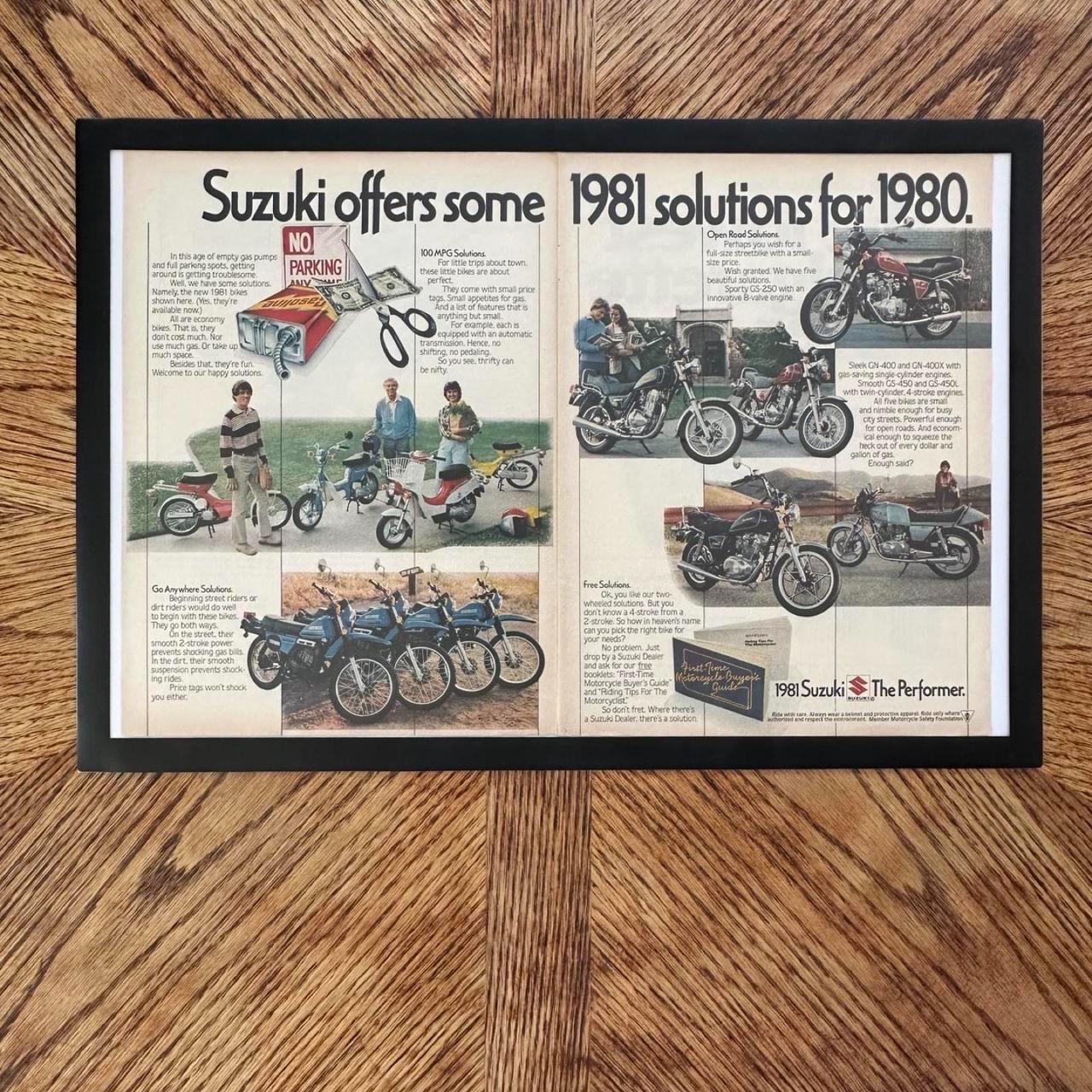 Vintage 1980 Suzuki The Performer Motorcyle Double Page Magazine Ad with Frame