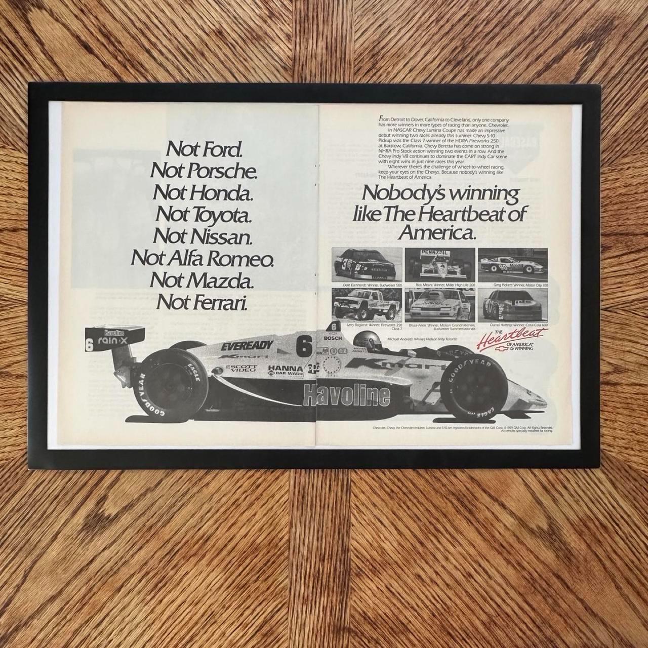 Vintage 1989 Chevy X Nascar Double Page Magazine Ad with Frame
