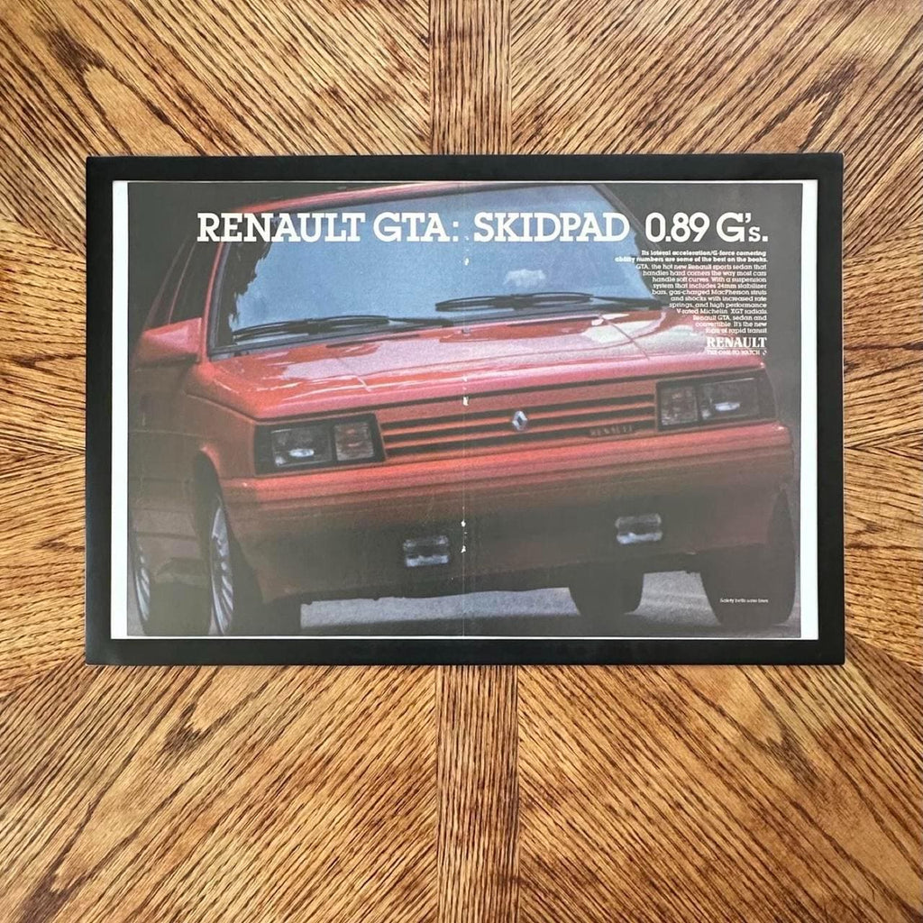 Vintage 1987 Renault GTA: Skidpad 0.89 G's Magazine Ad with Frame