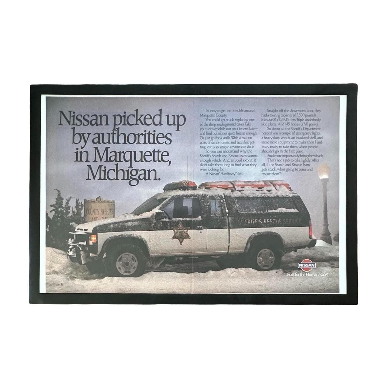 1989 Nissan Hardbody 4x4 Magazine Ad, Sheriff Rescue Vehicle, Framed 80s Decor