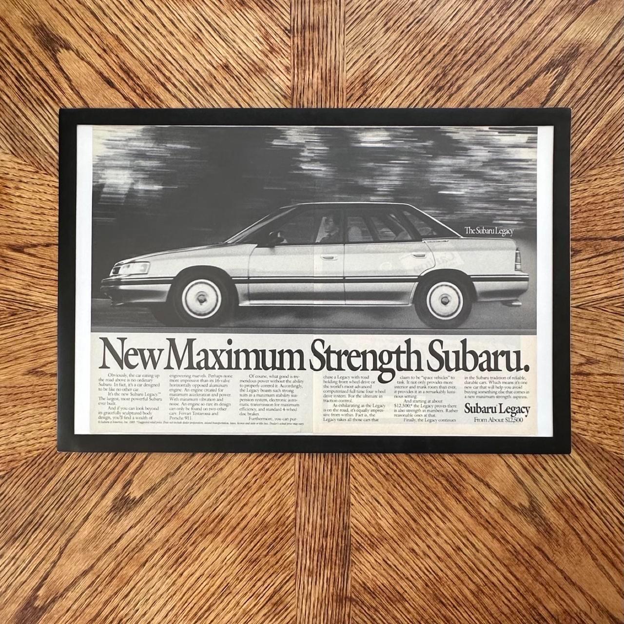 Vintage 1989 Subaru Legacy Double Page Magazine Ad with Frame "New Maximum Strength Subaru"
