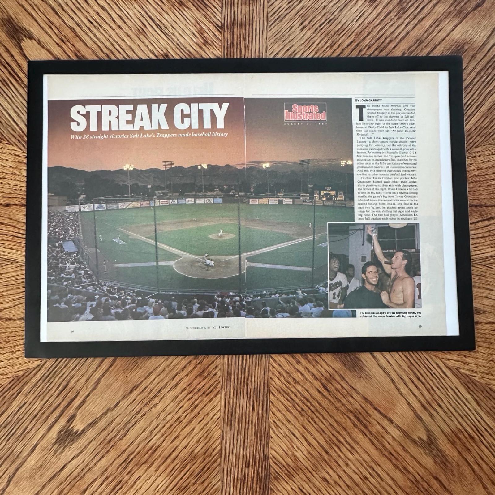 Vintage 1987 Sports Illustrated Salt Lake Trappers Baseball Magazine Article with Frame. "Streak City"