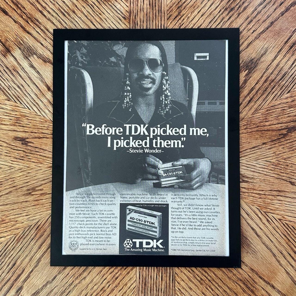 1980 TDK Cassette Tapes Stevie Wonder Endorsement Vintage Ad with Frame