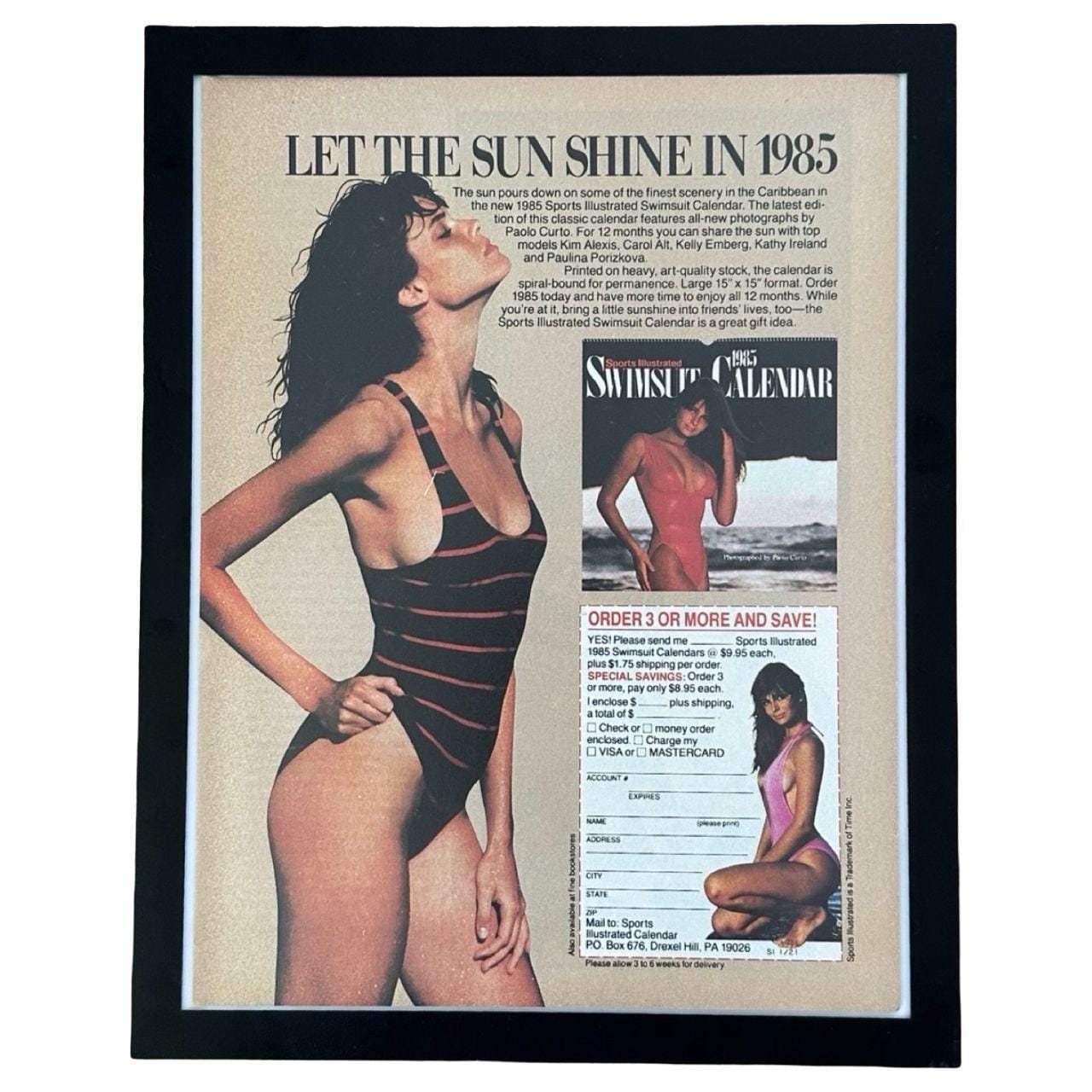 Sports Illustrated 1985 Swimsuit Calendar "Let the Sun Shine in 1985" Magazine Ad with Frame